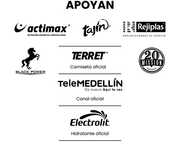 Apoyan a Medallo Run 2025: Actimax, Tajín, Rejiplas, Black Power, 20Mission Cerveza, Terret, Telemedellín, Electrolit