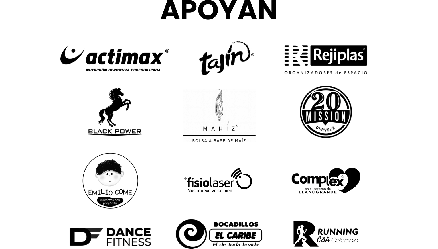 Apoyan a Medallo Run 2025: Actimax, Tajín, Rejiplas, Black Power, Mahíz, 20Mission Cerveza, Emilio Come, Fisiolaser, Complex Llanogrande, Dance Fitness, Bocadillos El Caribe, Running Girls Colombia